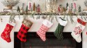 mantle decorated with Dollar Tree stockings and other finds