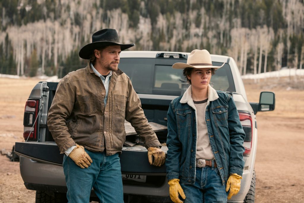Luke Grimes as Kayce Dutton and Brecken Merrill as Tate Dutton, Marshals Season 1, 2026