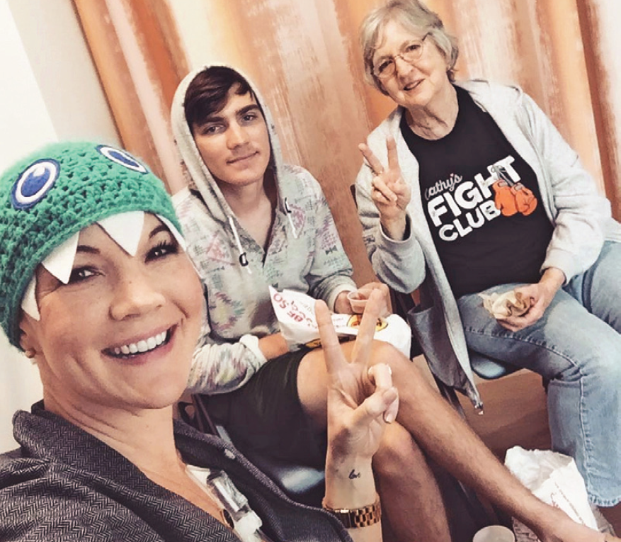 Cathy (left) at chemo with two of her angels: son Brandon and her mom