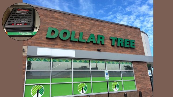 A facade of a Dollar Tree store, with an inset photo of a product: a sink mat