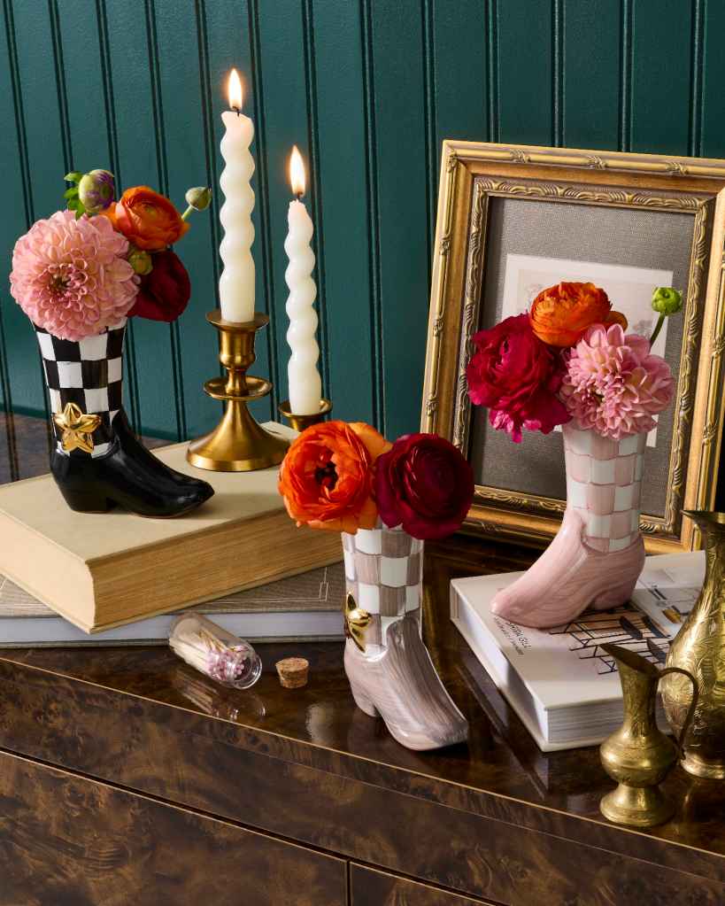 MacKenzie-Childs ceramic boots in Lainey's collab are perfect for mini bouquets