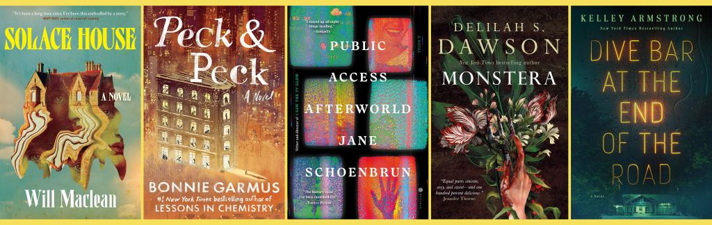 book jackets of Solace House, Peck & Peck, Public Access Afterworld, Monstera and Dive Bar at the End of the Road