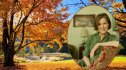 Author Ann Patchett next to a photo of autumn leaves