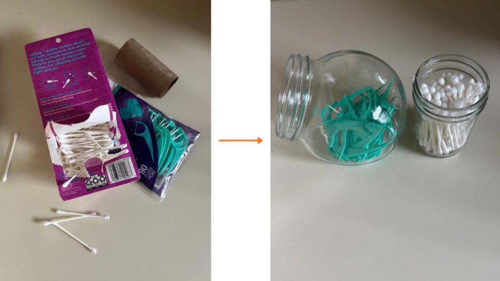 A before and after of bathroom clutter like floss picks and cotton swabs