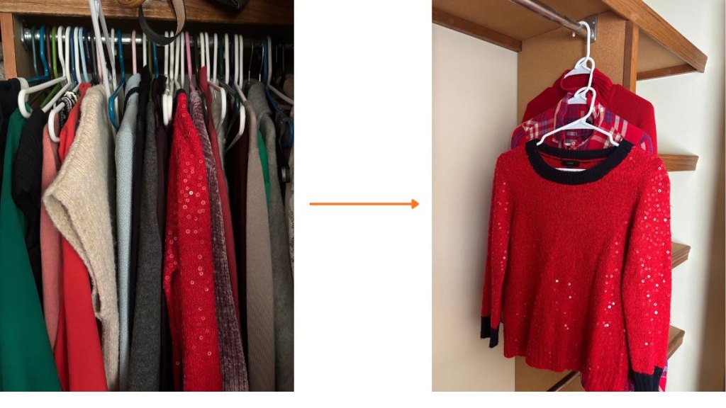 Before and after photos of a messy clothes closet and one maximizing hanger space.