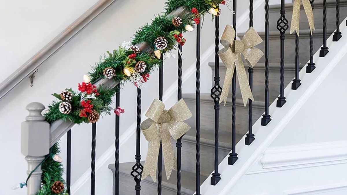 A Hallmark-movie-inspired room decorated with Dollar Tree garland and bows