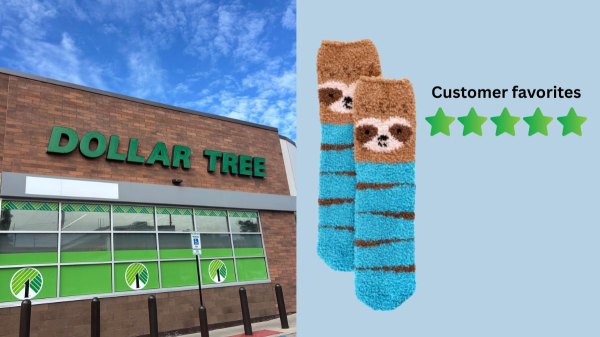 The facade of a Dollar Tree store, next to a fan favorite product: fuzzy critter socks.