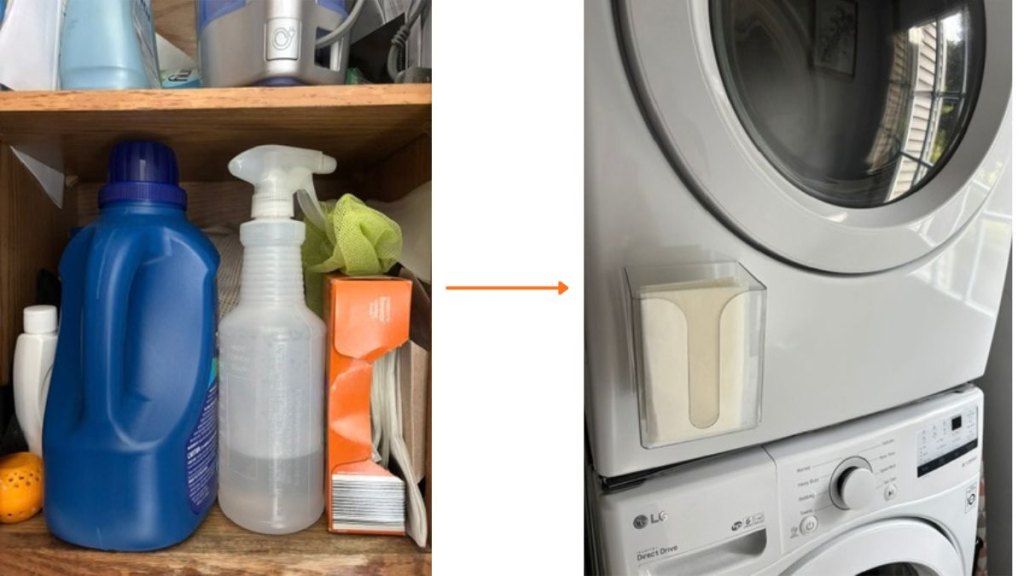 A before and after photo of messy dryer sheets and then the sheets in a caddy.