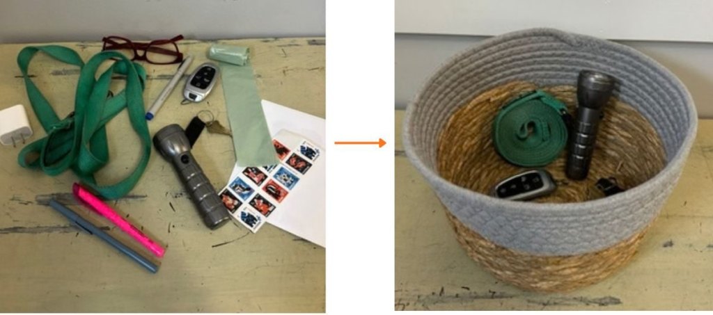 A before and after of entryway clutter such as keys and pet leashes.