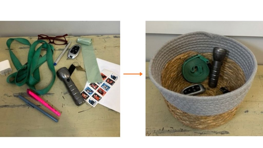A before and after of entryway clutter such as keys and pet leashes.