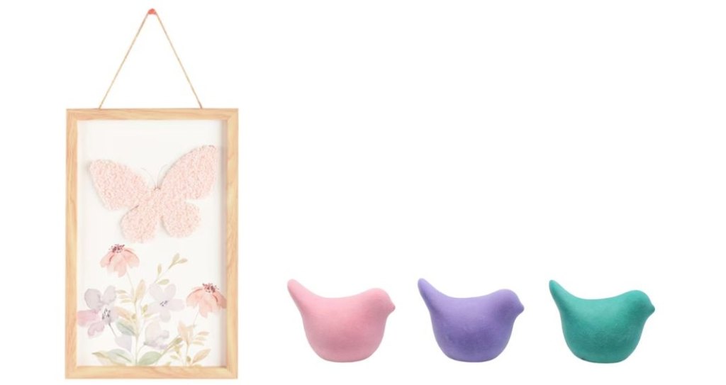 Dollar Tree butterfly wall art and velvet bird figurines