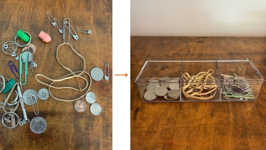A before and after of junk drawer items like rubber bands and paperclips.