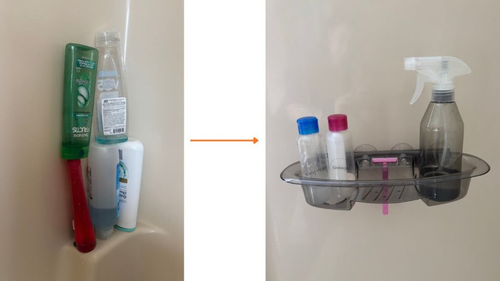 A before and after of shower clutter, with the addition of a caddy