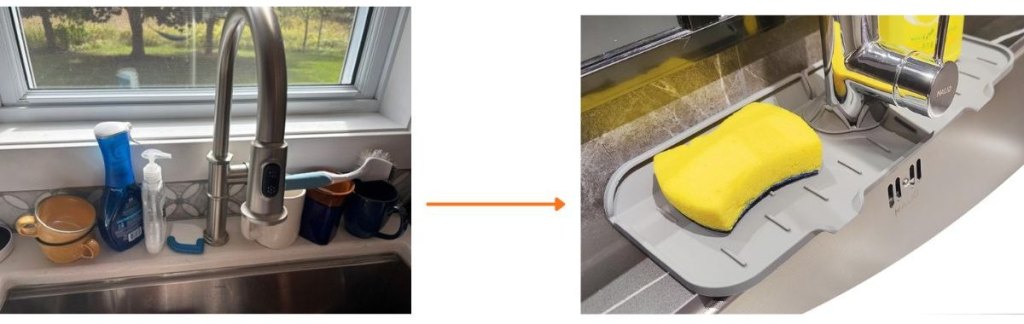 A before and after of a cluttered sink and one with a tidy mat