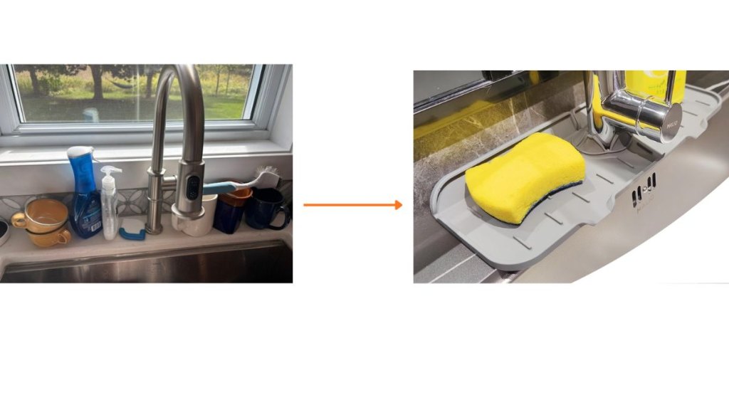 A before and after of a cluttered sink and one with a tidy mat