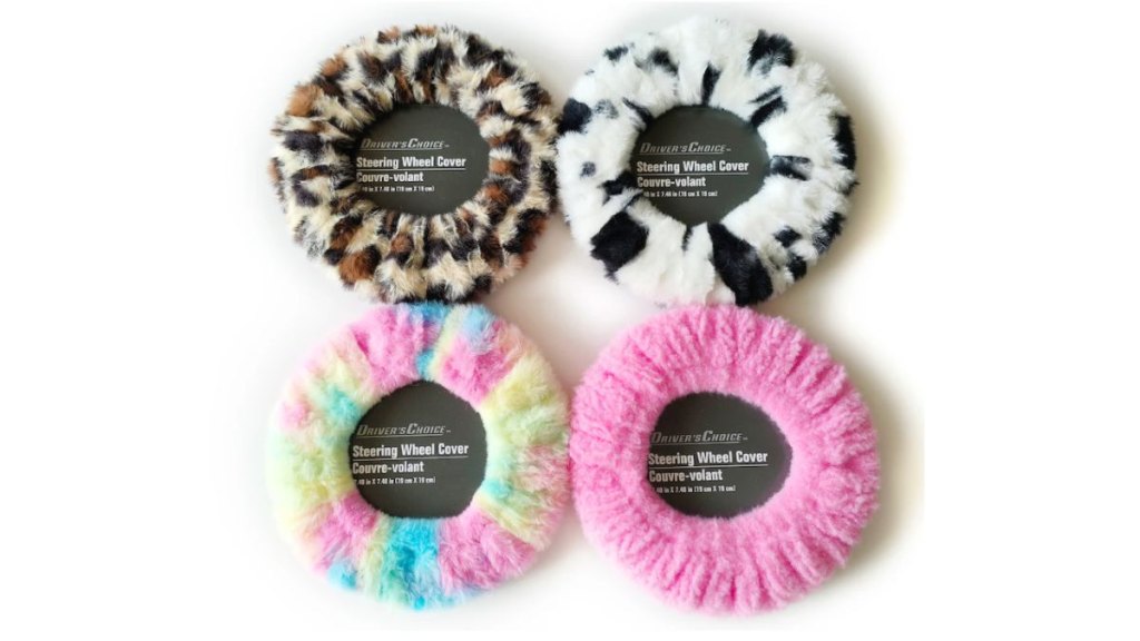 Fuzzy steering wheel covers in fun prints like tie die, from Dollar Tree