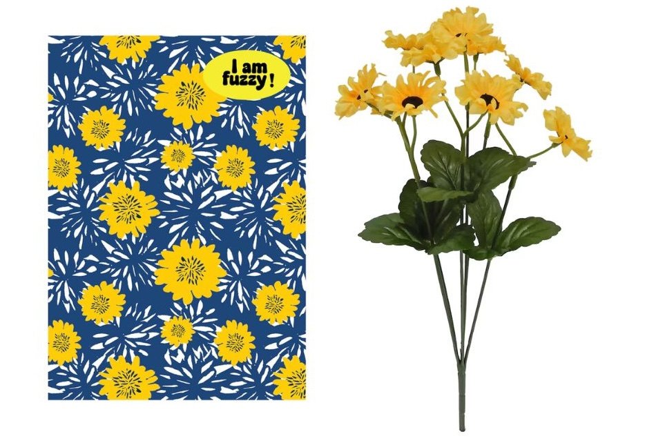velvet journal with yellow flower motif; faux yellow daisy stem