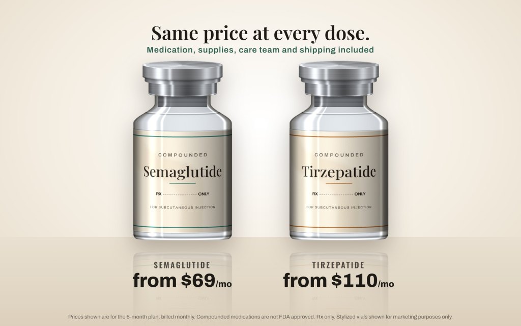 One flat monthly price for compounded semaglutide or tirzepatide. Stylized vials shown for marketing purposes only.