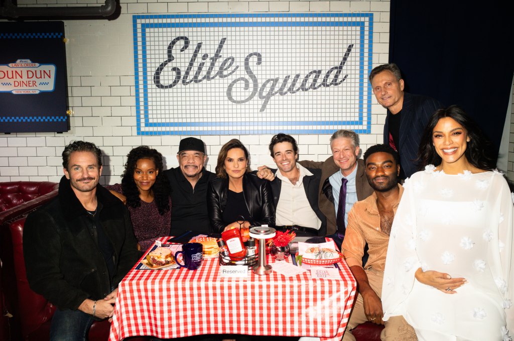 LAW & ORDER -- Law & Order Dun Dun Diner "After Dark" VIP Premiere Night -- Pictured: (l-r) Kevin Kane, Aimé Donna Kelly, Ice-T, Mariska Hargitay, Corey Cott, Peter Scanavino, Jelani Alladin, Tony Goldwyn, Odelya Halevi in New York, NY on October 7, 2026 -- (Photo by: Landon Nordeman/NBC)