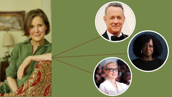 Headshots of Ann Patchett along with Tom Hanks, Viola Davis and Meryl Streep