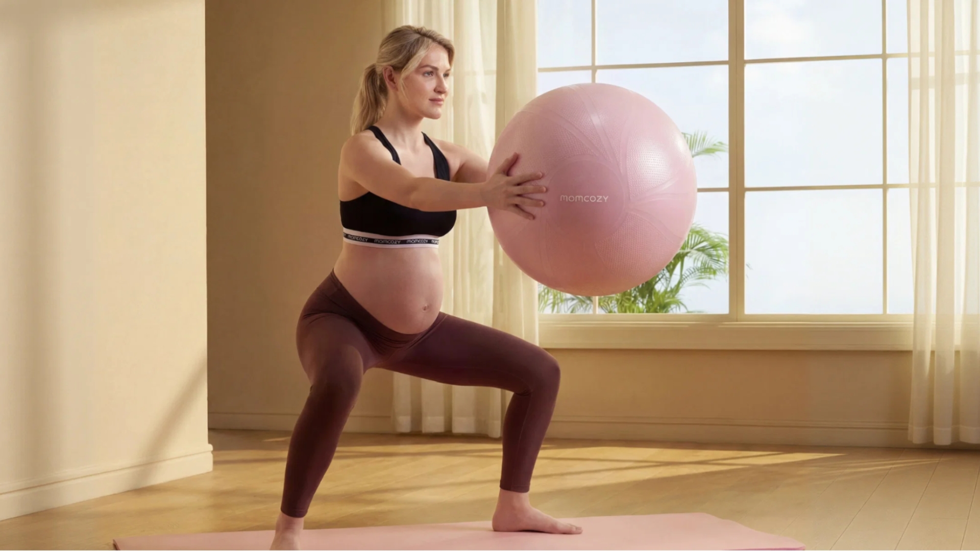Pregnant woman using a yoga ball for comfort and gentle movement