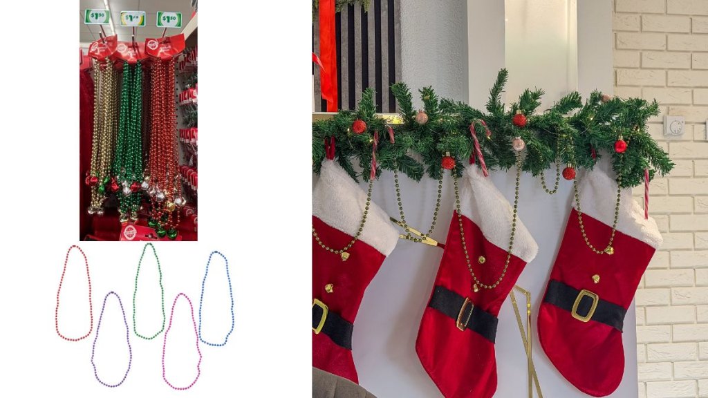 A holiday foreplace mantel decorated with strings of beads