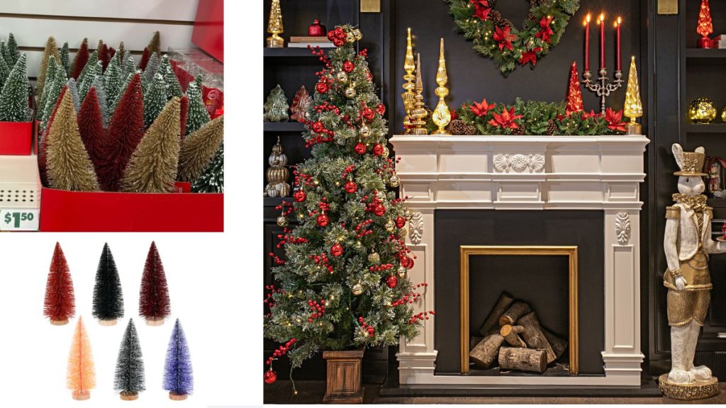 A holiday fireplace mantel decorated with bottle brush trees