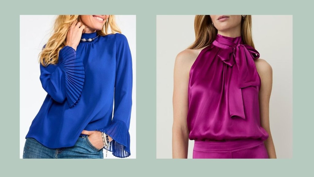 2 high collared silky shirts on models