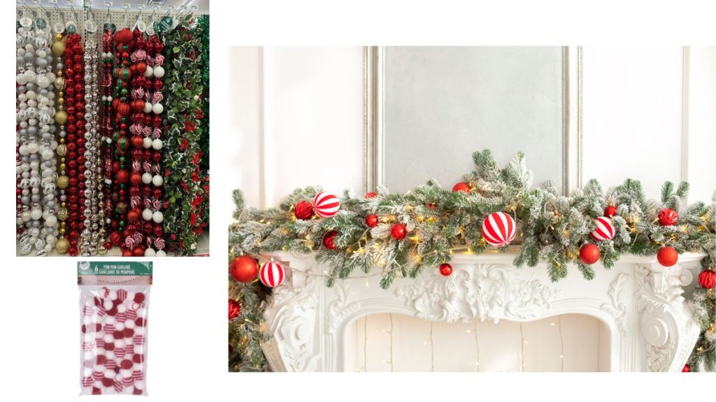 A fireplace mantel with greenery and garland