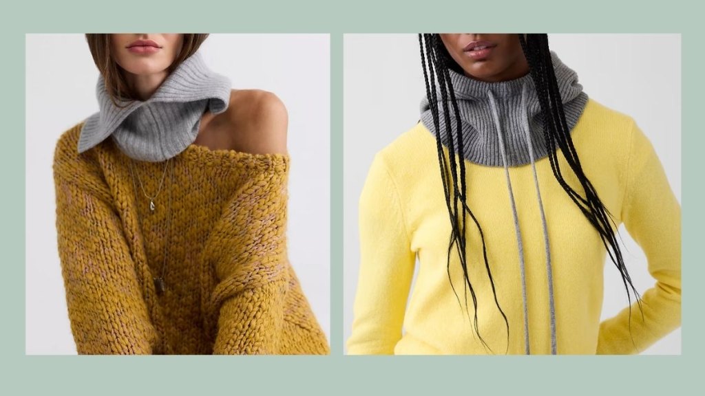 Two knit snoods on the necks of two models