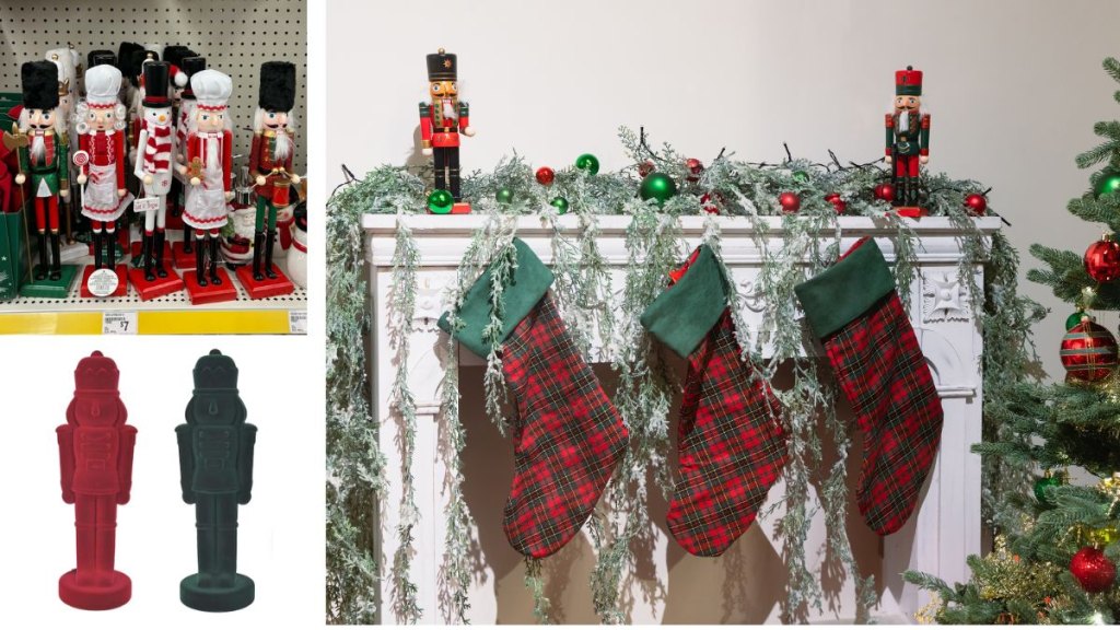 A holiday fireplace mantel decorated with nutcrackers