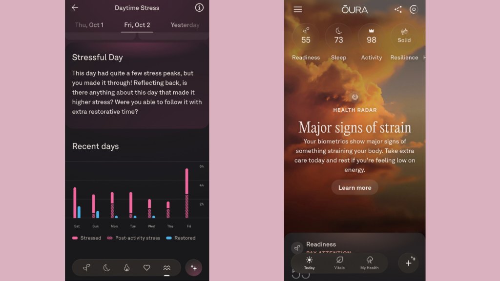 Oura Ring 5 stress levels (left), signs of strain (right)