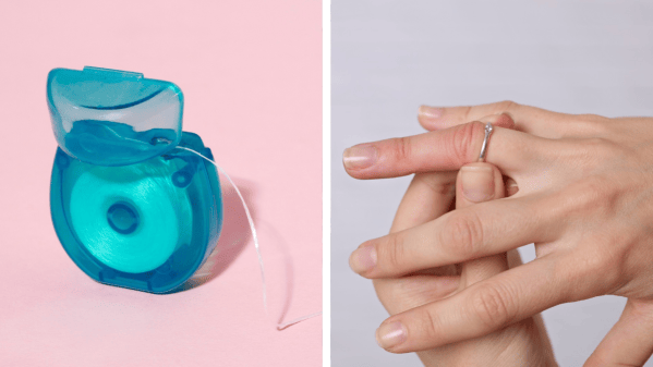 Dental floss (left) and a ring stuck on a woman's finger (right)
