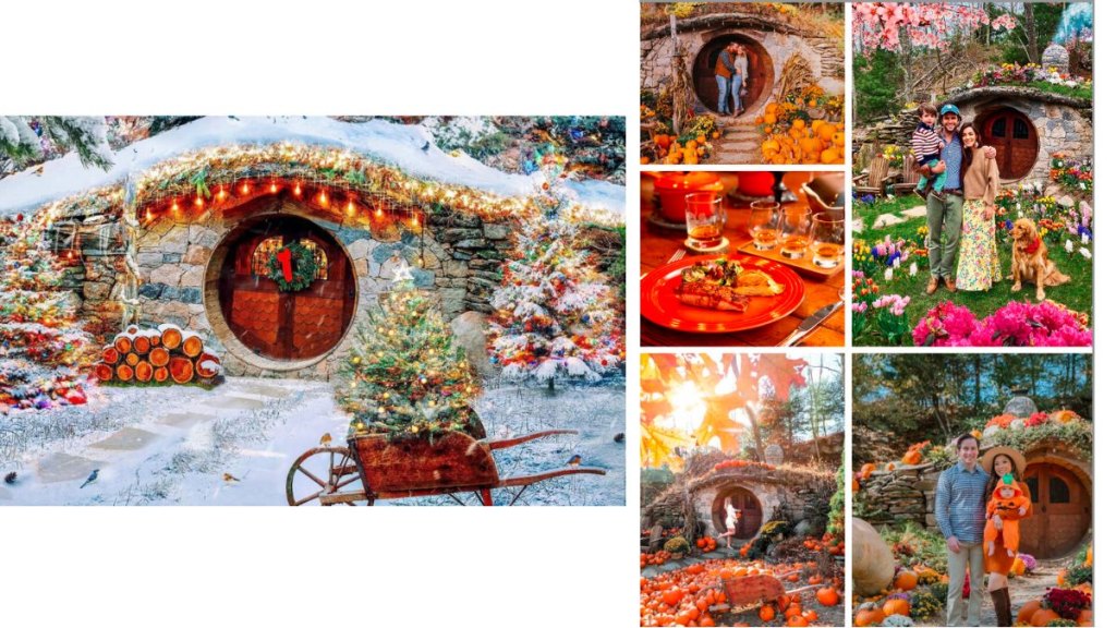 A series of images of the Hobbit House decorated for different seasons.