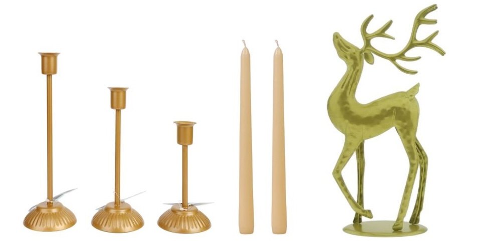Dollar Tree golden candle holders, ivory taper candles and gold reindeer decor