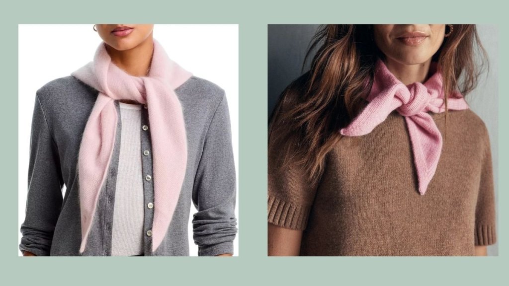 Two triangle knit scarves on models