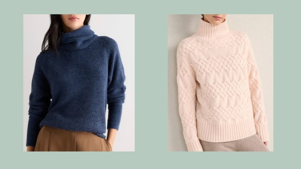2 turtleneck sweaters on models