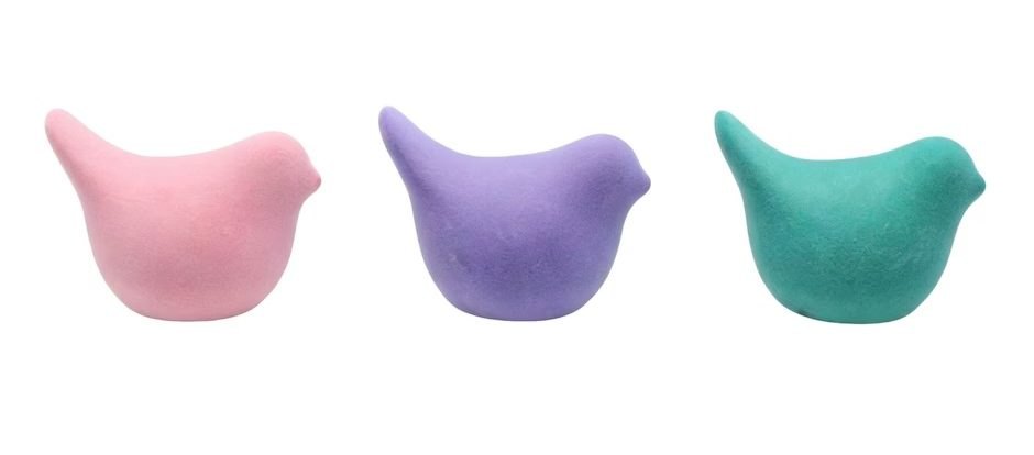 Velvet bird decor at Dollar Tree in pink, purple and teal