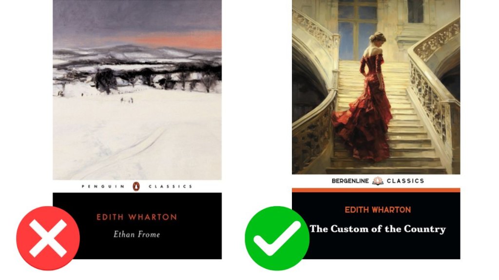 Covers for Edith Wharton's books 'Ethan Frome' and 'The Customs of the Country'