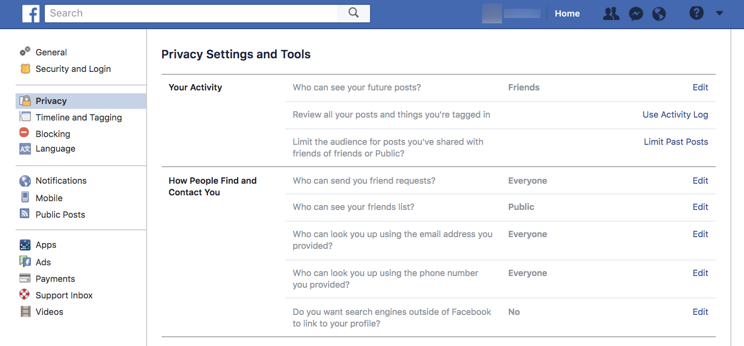 Facebook privacy settings and tools